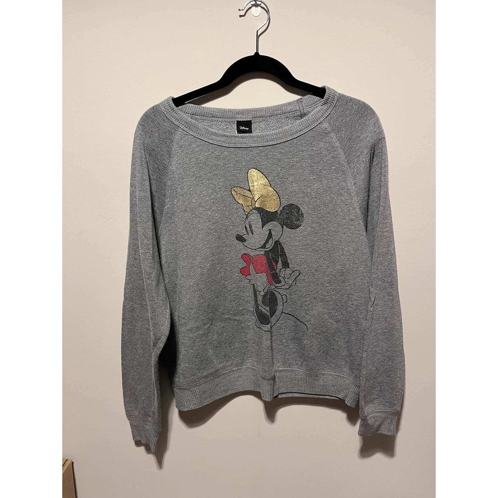 Disney Minnie Mouse Sweatshirt Gray Gold Glitter Bow Graphic Pullover Large